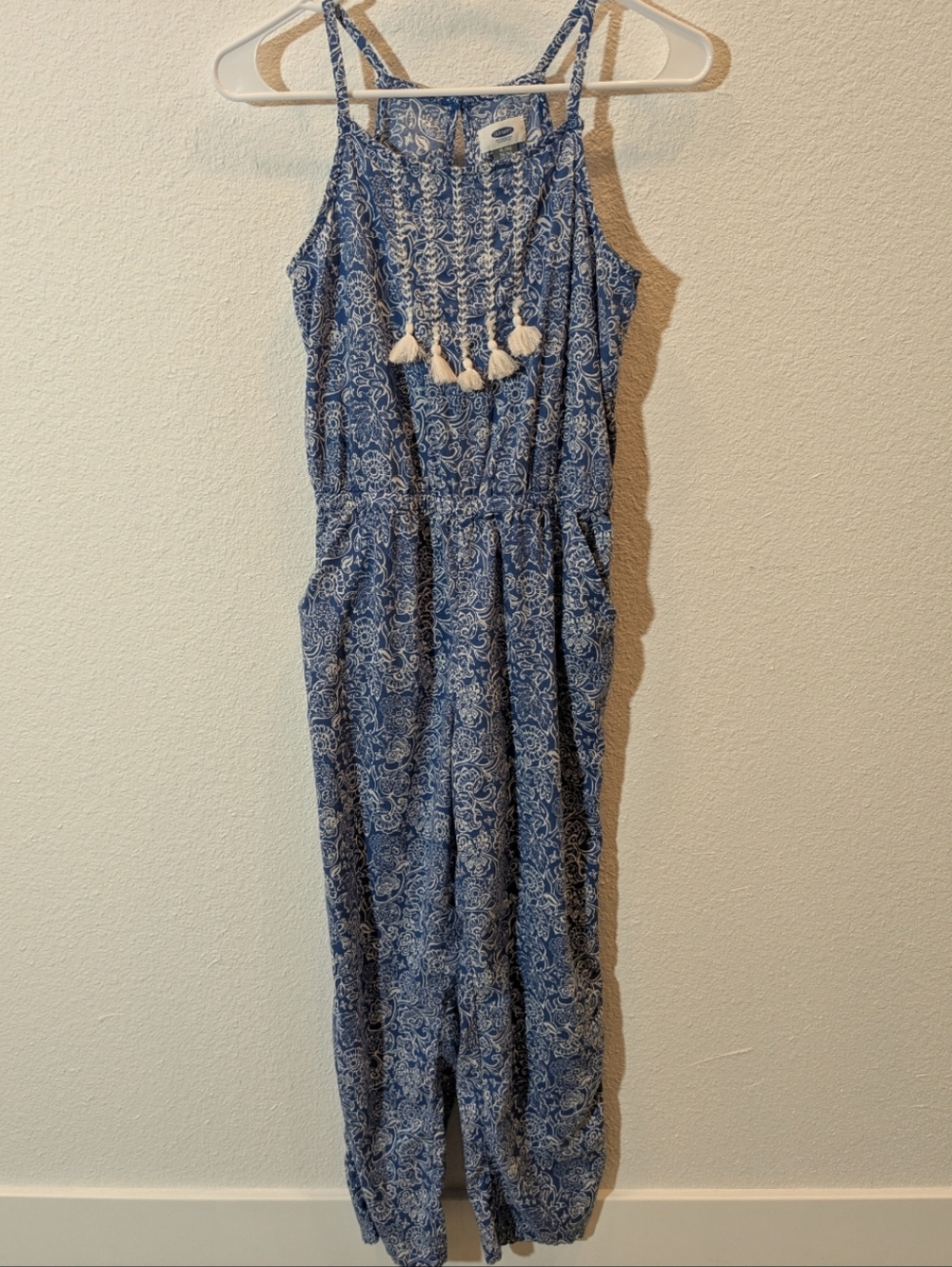 Old Navy Blue Paisley Girls' One-Piece Jumpsuit with Tassels And Pockets!